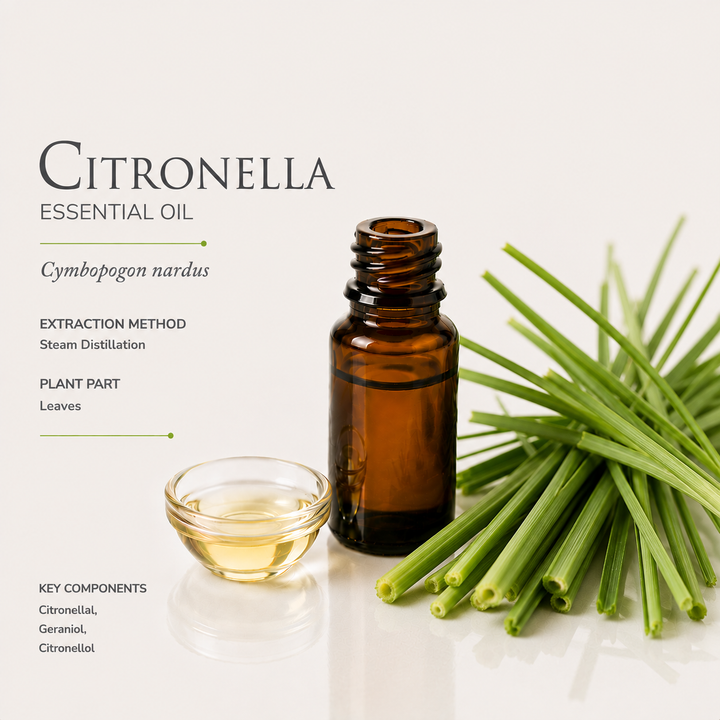 Huile essentielle de citronnelle (Citronella), à usage pharmaceutique et cosmétique