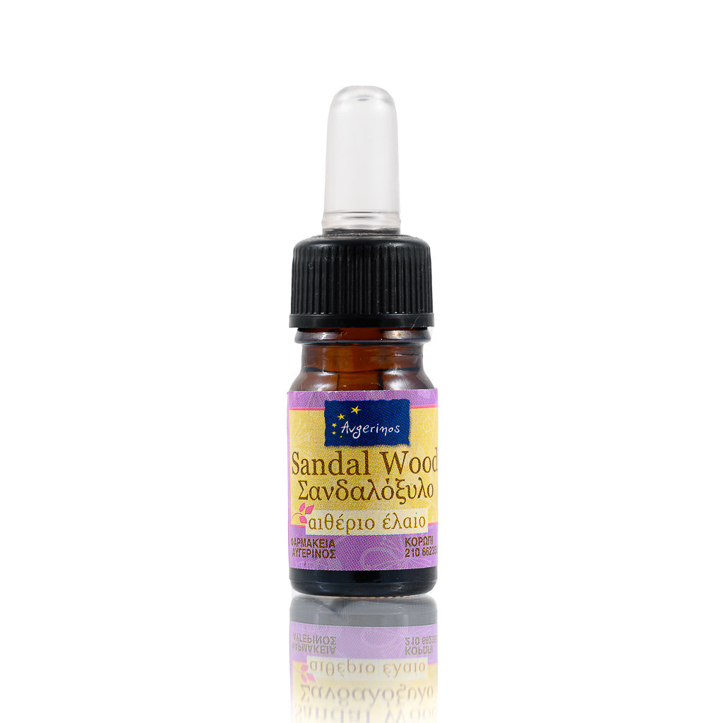 Μπουκάλι με σταγονόμετρο από Αιθέριο Έλαιο Σανδαλόξυλο απο το εργαστήριο Αρωματοθεραπείας του Φαρμακείου Avgerinos Pharmacy