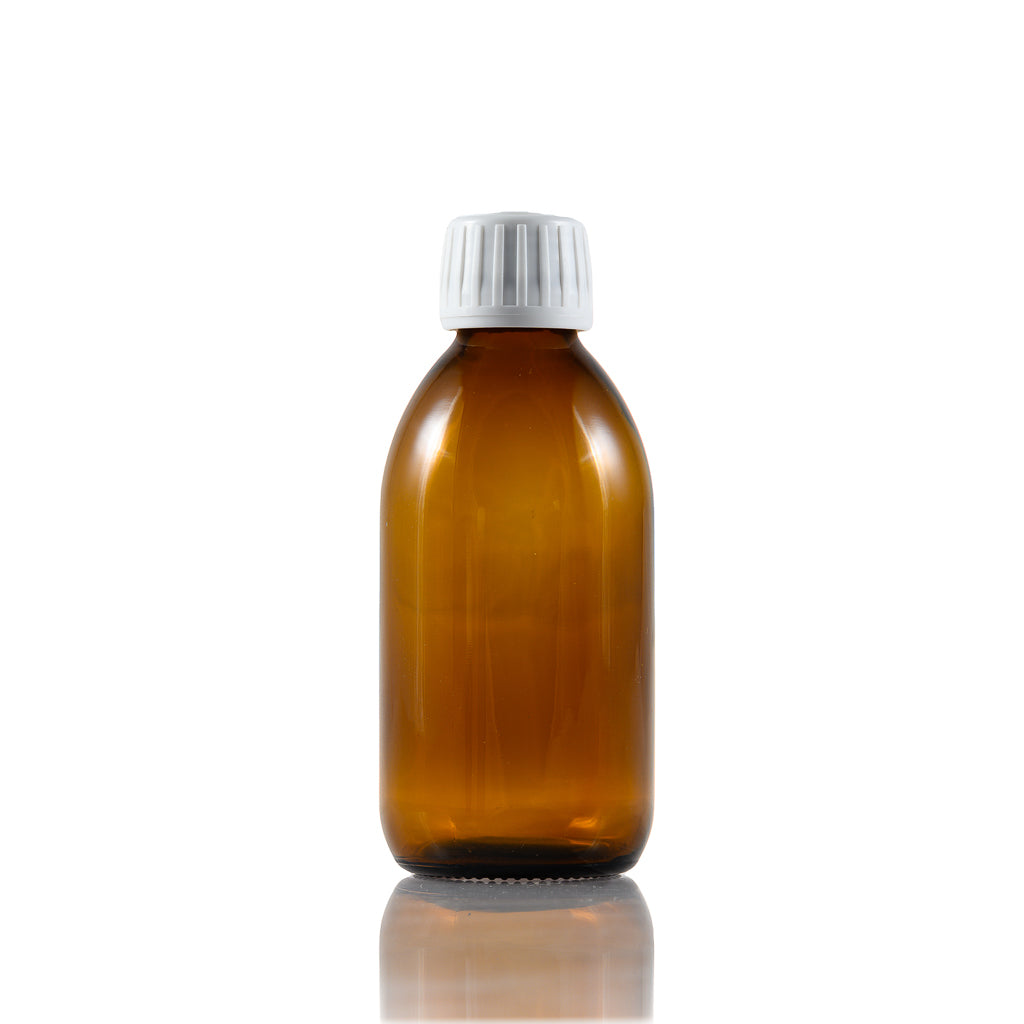 Φαρμακευτικό Γυάλινο Μπουκάλι, +Με λευκό Καπάκι ασφαλείας, +Σκουρόχρωμα +Φαρδύ Στόμιο για σιρόπια και κάψουλες, 100ml